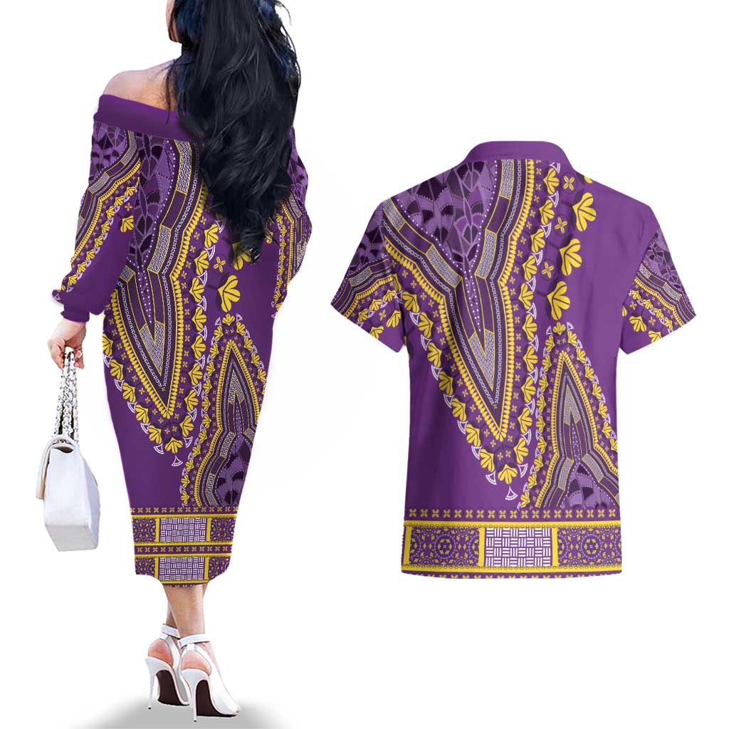 African Dashiki Couples Matching Off The Shoulder Long Sleeve Dress and Hawaiian Shirt Luxury Violet LT7 - Wonder Print Shop