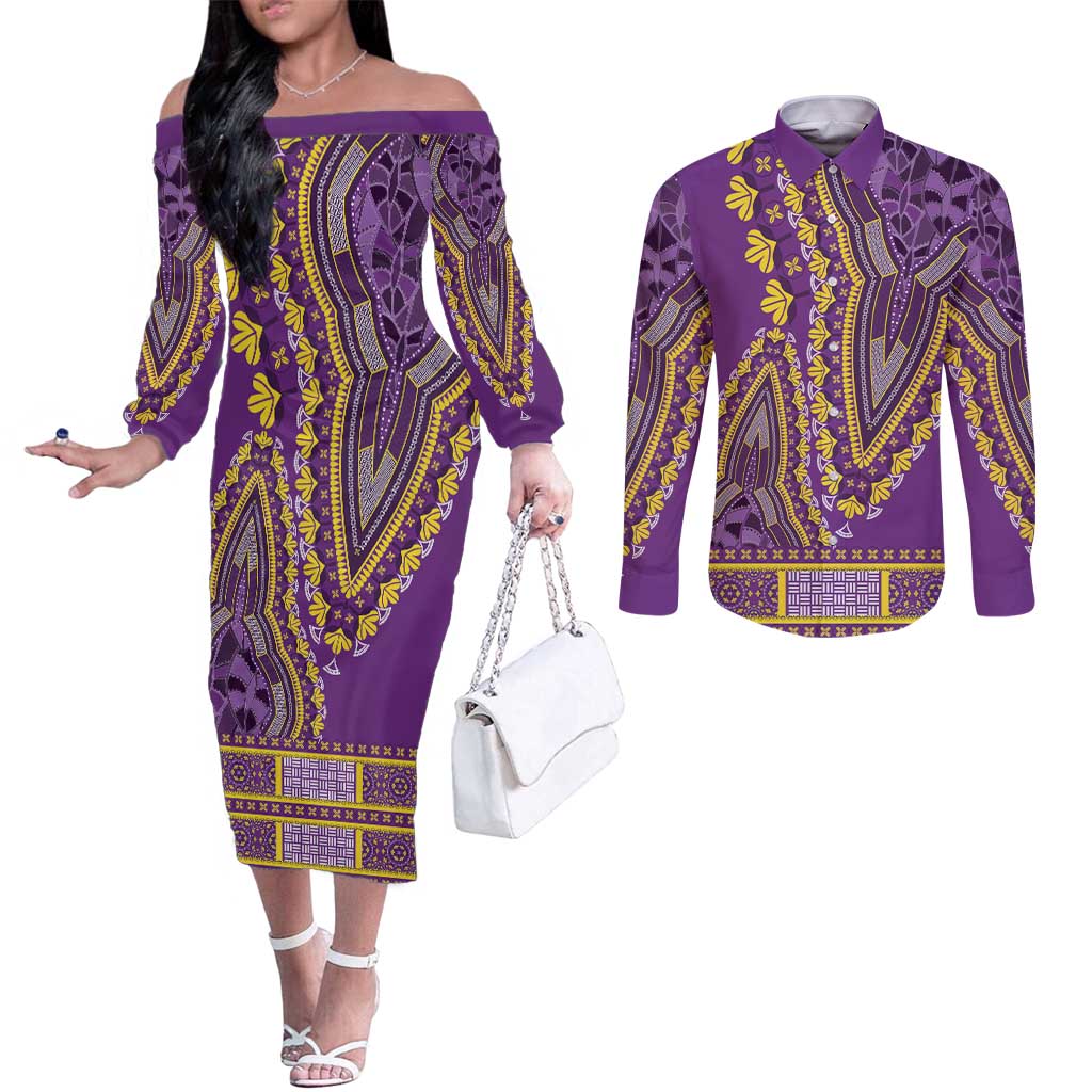 African Dashiki Couples Matching Off The Shoulder Long Sleeve Dress and Long Sleeve Button Shirt Luxury Violet