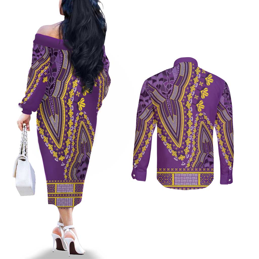 African Dashiki Couples Matching Off The Shoulder Long Sleeve Dress and Long Sleeve Button Shirt Luxury Violet