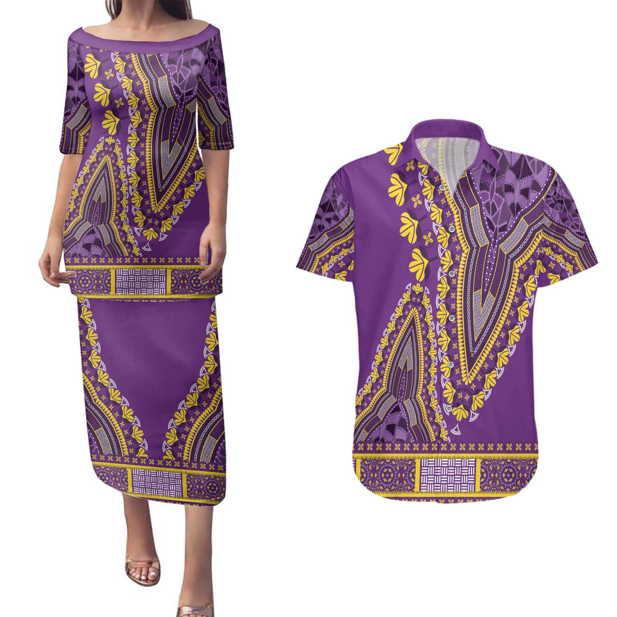 African Dashiki Couples Matching Puletasi and Hawaiian Shirt Luxury Violet LT7 - Wonder Print Shop