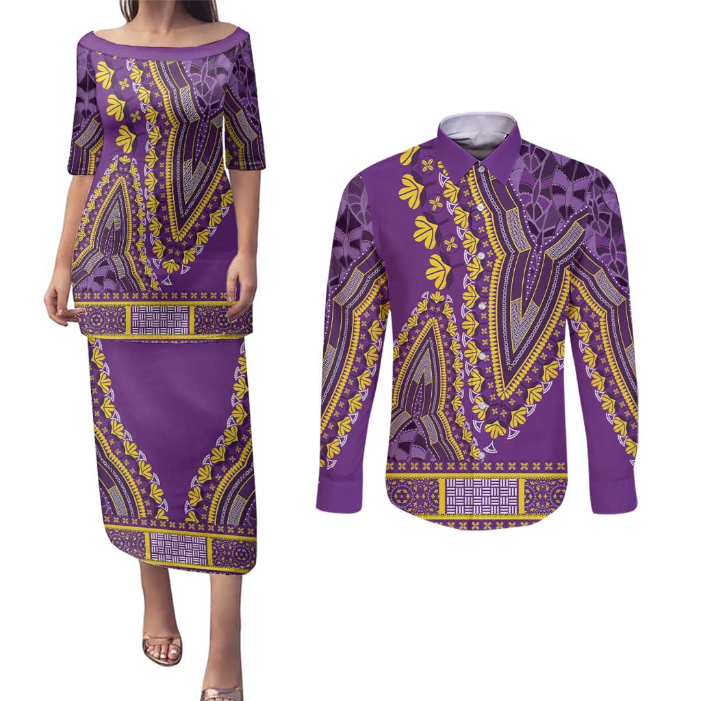 African Dashiki Couples Matching Puletasi and Long Sleeve Button Shirt Luxury Violet LT7 - Wonder Print Shop