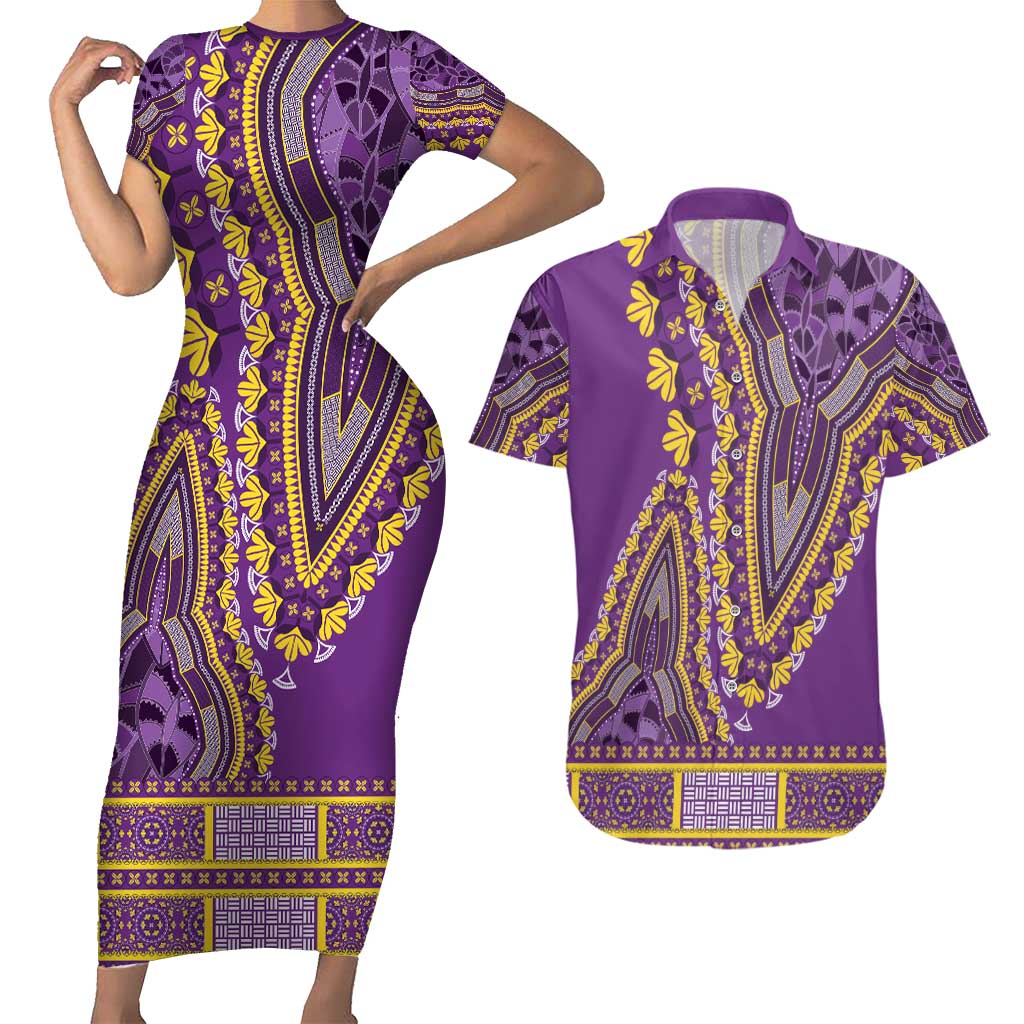 African Dashiki Couples Matching Short Sleeve Bodycon Dress and Hawaiian Shirt Luxury Violet LT7 - Wonder Print Shop