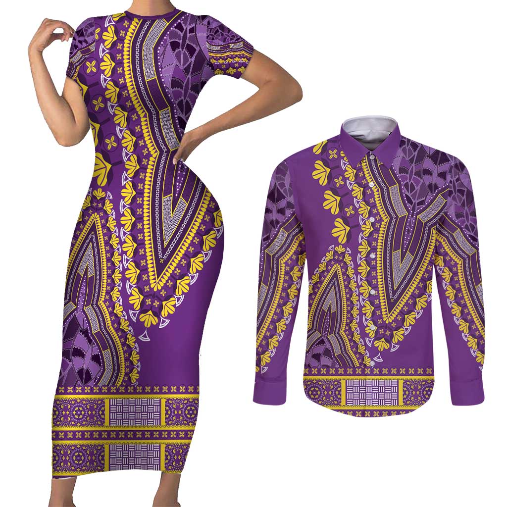 African Dashiki Couples Matching Short Sleeve Bodycon Dress and Long Sleeve Button Shirt Luxury Violet LT7 - Wonder Print Shop