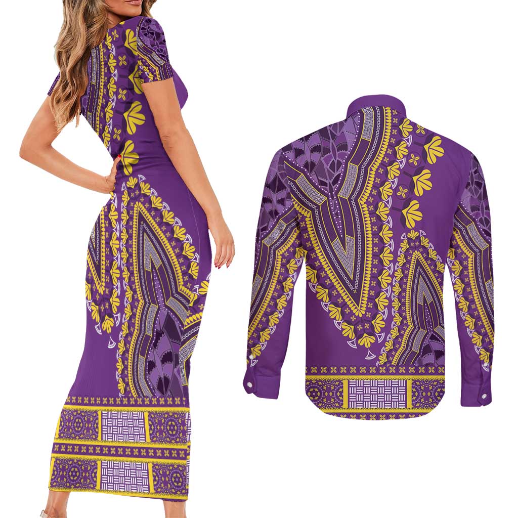 African Dashiki Couples Matching Short Sleeve Bodycon Dress and Long Sleeve Button Shirt Luxury Violet LT7 - Wonder Print Shop