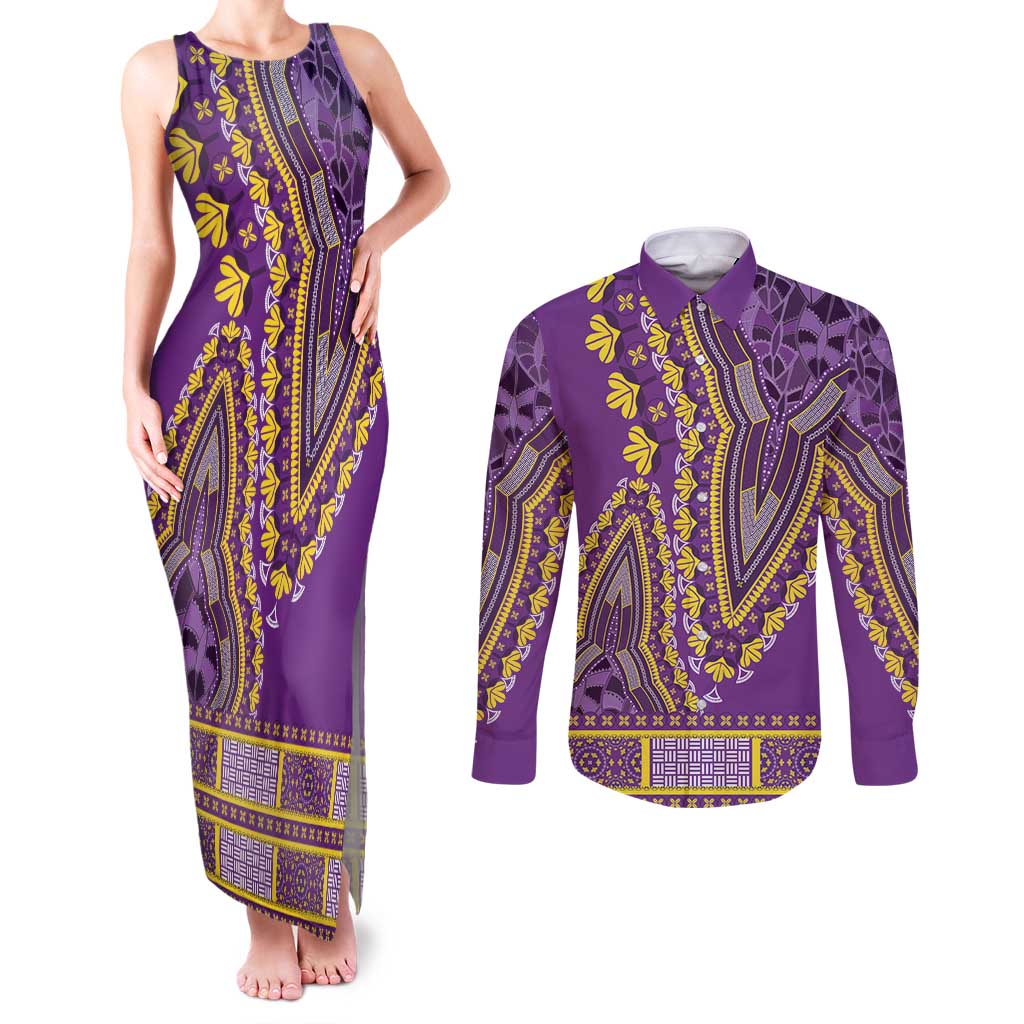 African Dashiki Couples Matching Tank Maxi Dress and Long Sleeve Button Shirt Luxury Violet LT7 - Wonder Print Shop