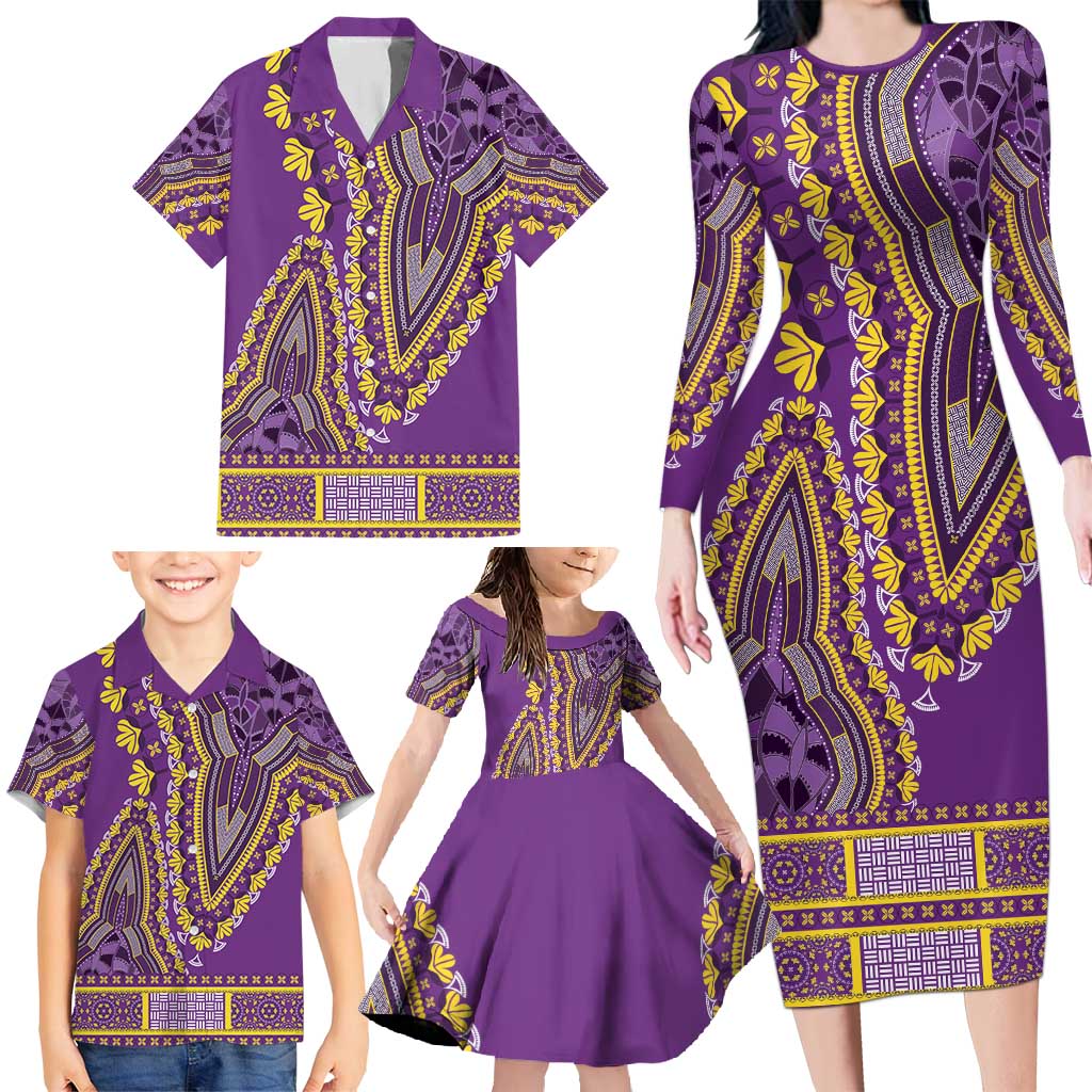 African Dashiki Family Matching Long Sleeve Bodycon Dress and Hawaiian Shirt Luxury Violet LT7 - Wonder Print Shop