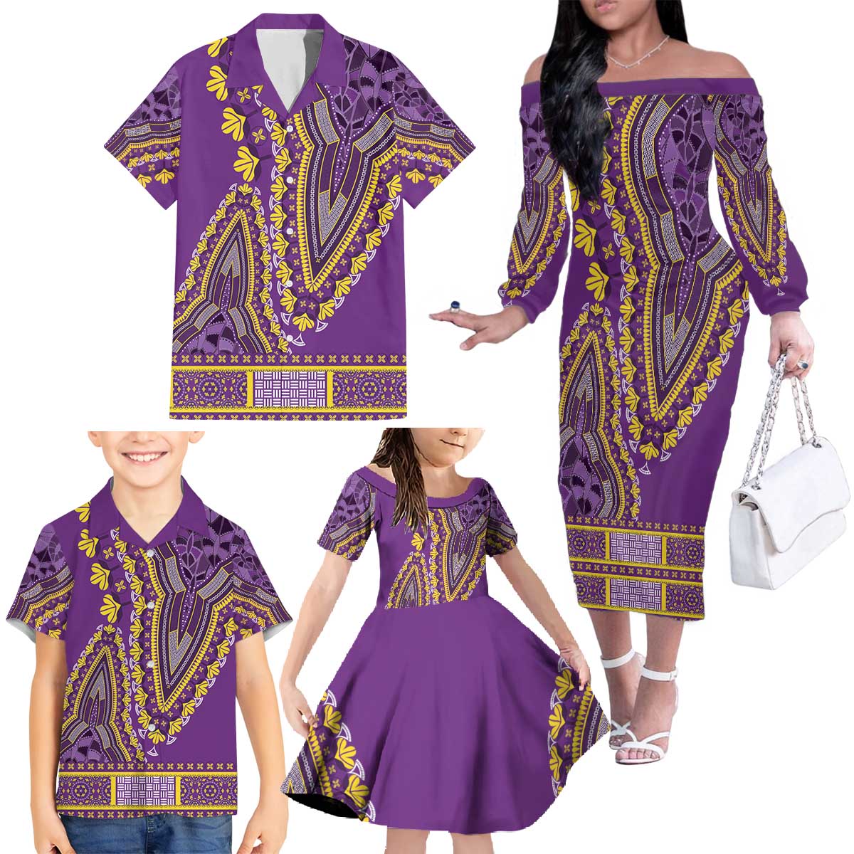 African Dashiki Family Matching Off The Shoulder Long Sleeve Dress and Hawaiian Shirt Luxury Violet - Wonder Print Shop