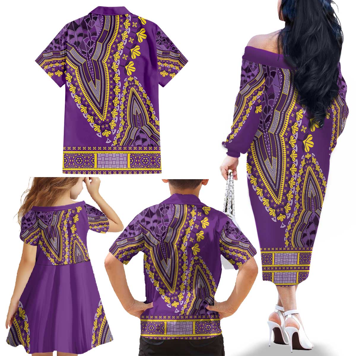 African Dashiki Family Matching Off The Shoulder Long Sleeve Dress and Hawaiian Shirt Luxury Violet - Wonder Print Shop