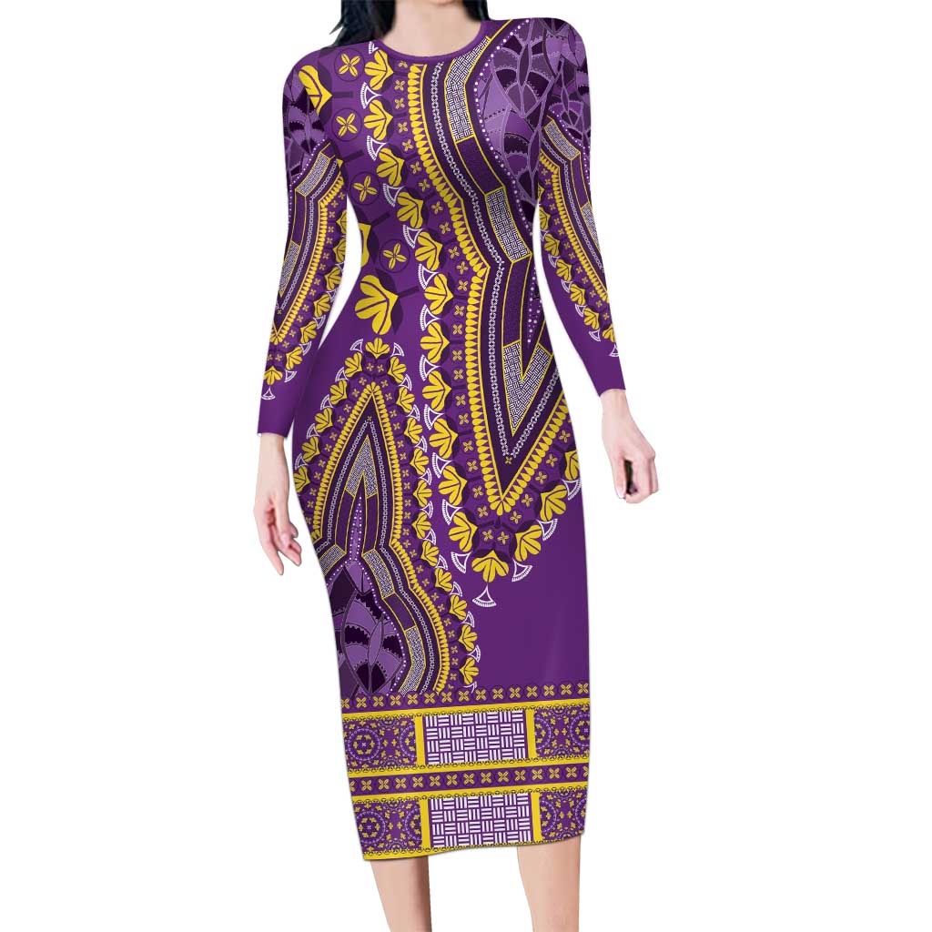 African Dashiki Long Sleeve Bodycon Dress Luxury Violet - Wonder Print Shop