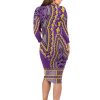 African Dashiki Long Sleeve Bodycon Dress Luxury Violet - Wonder Print Shop