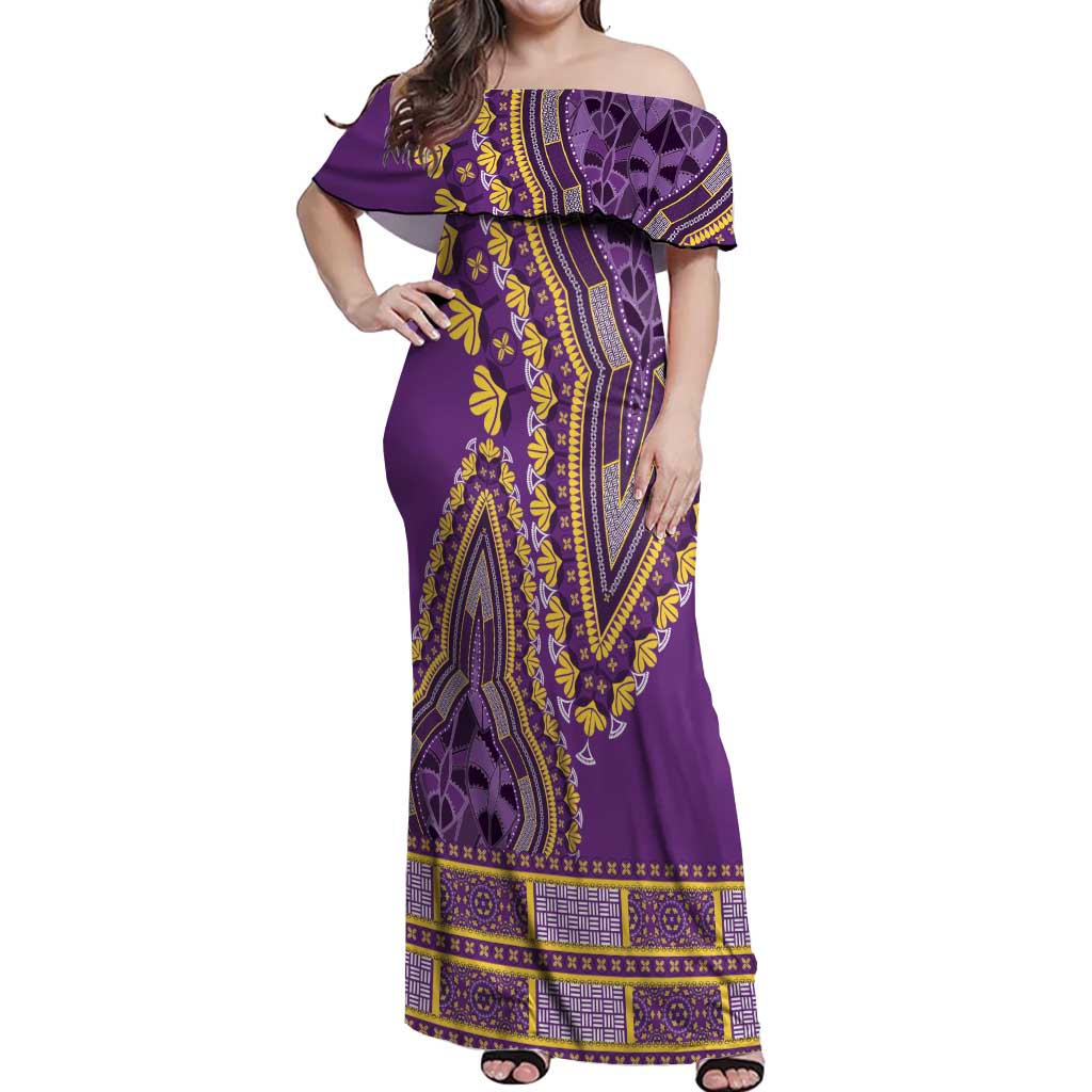 African Dashiki Off Shoulder Maxi Dress Luxury Violet - Wonder Print Shop
