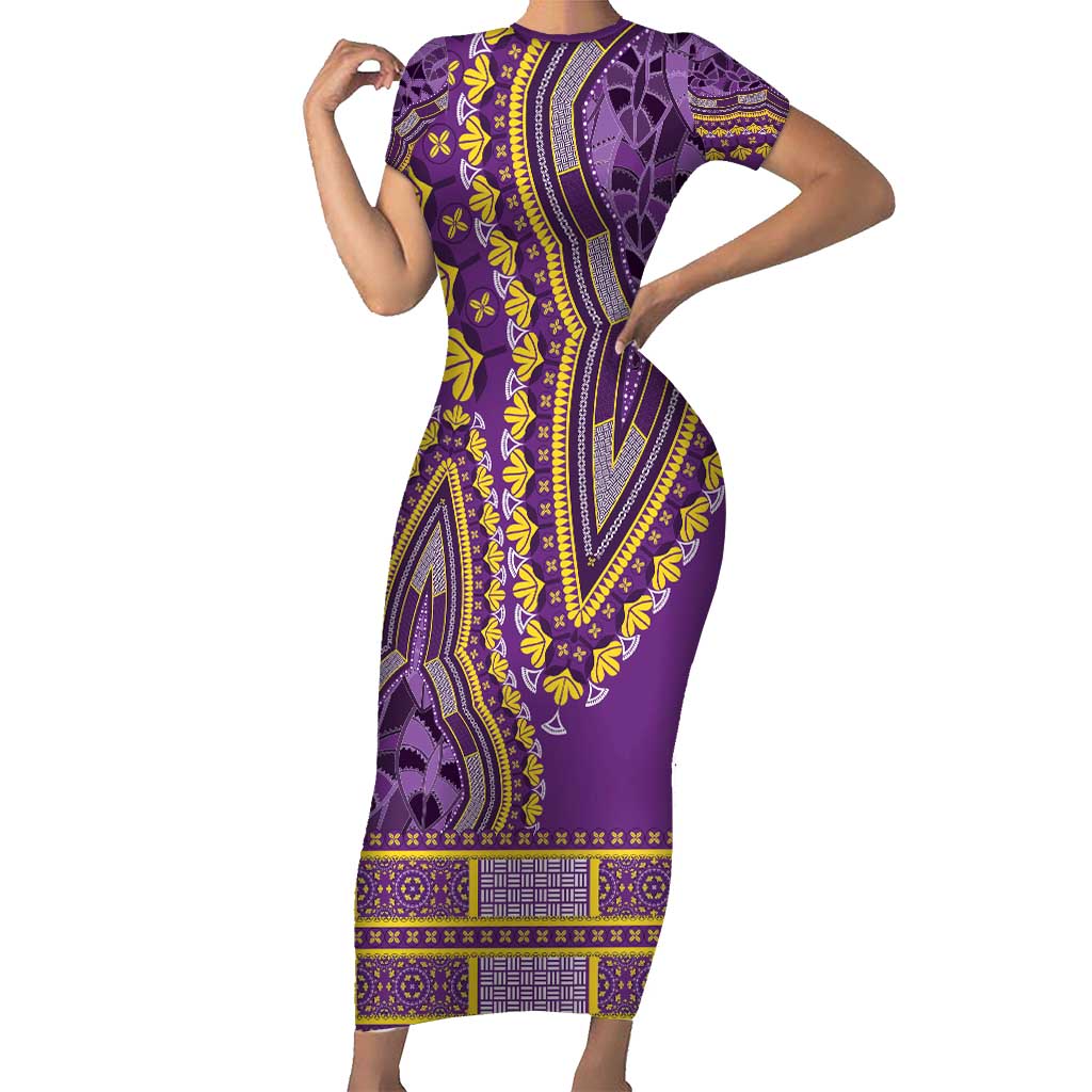 African Dashiki Short Sleeve Bodycon Dress Luxury Violet - Wonder Print Shop