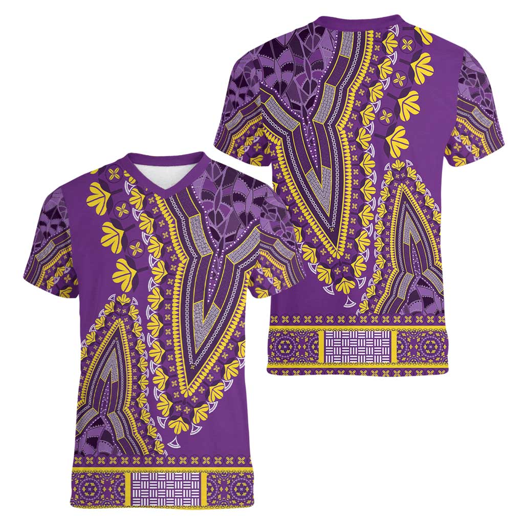 African Dashiki Women V-Neck T-Shirt Luxury Violet - Wonder Print Shop