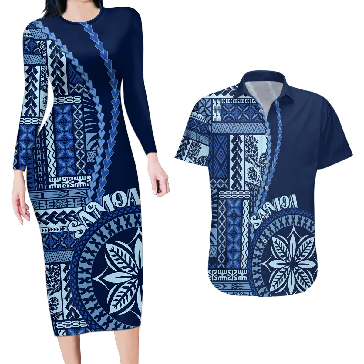 Samoa Siapo Motif Couples Matching Long Sleeve Bodycon Dress and Hawaiian Shirt Classic Style - Bue Ver LT7 - Wonder Print Shop