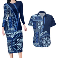 Samoa Siapo Motif Couples Matching Long Sleeve Bodycon Dress and Hawaiian Shirt Classic Style - Bue Ver LT7 - Wonder Print Shop