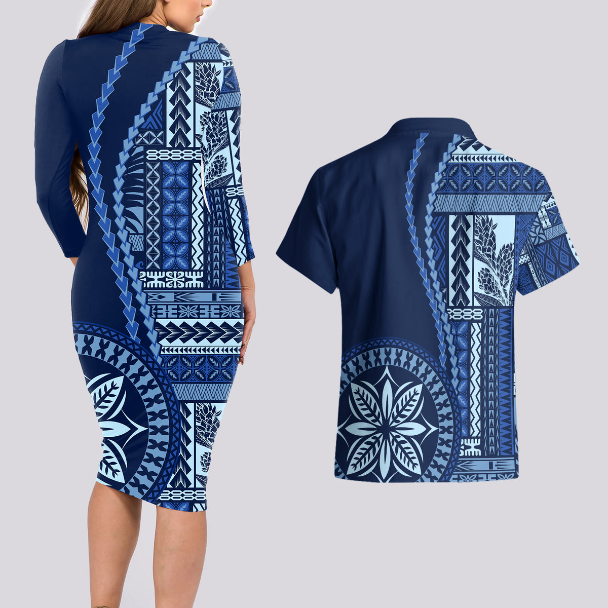 Samoa Siapo Motif Couples Matching Long Sleeve Bodycon Dress and Hawaiian Shirt Classic Style - Bue Ver LT7 - Wonder Print Shop