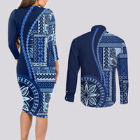 Samoa Siapo Motif Couples Matching Long Sleeve Bodycon Dress and Long Sleeve Button Shirt Classic Style - Bue Ver LT7 - Wonder Print Shop
