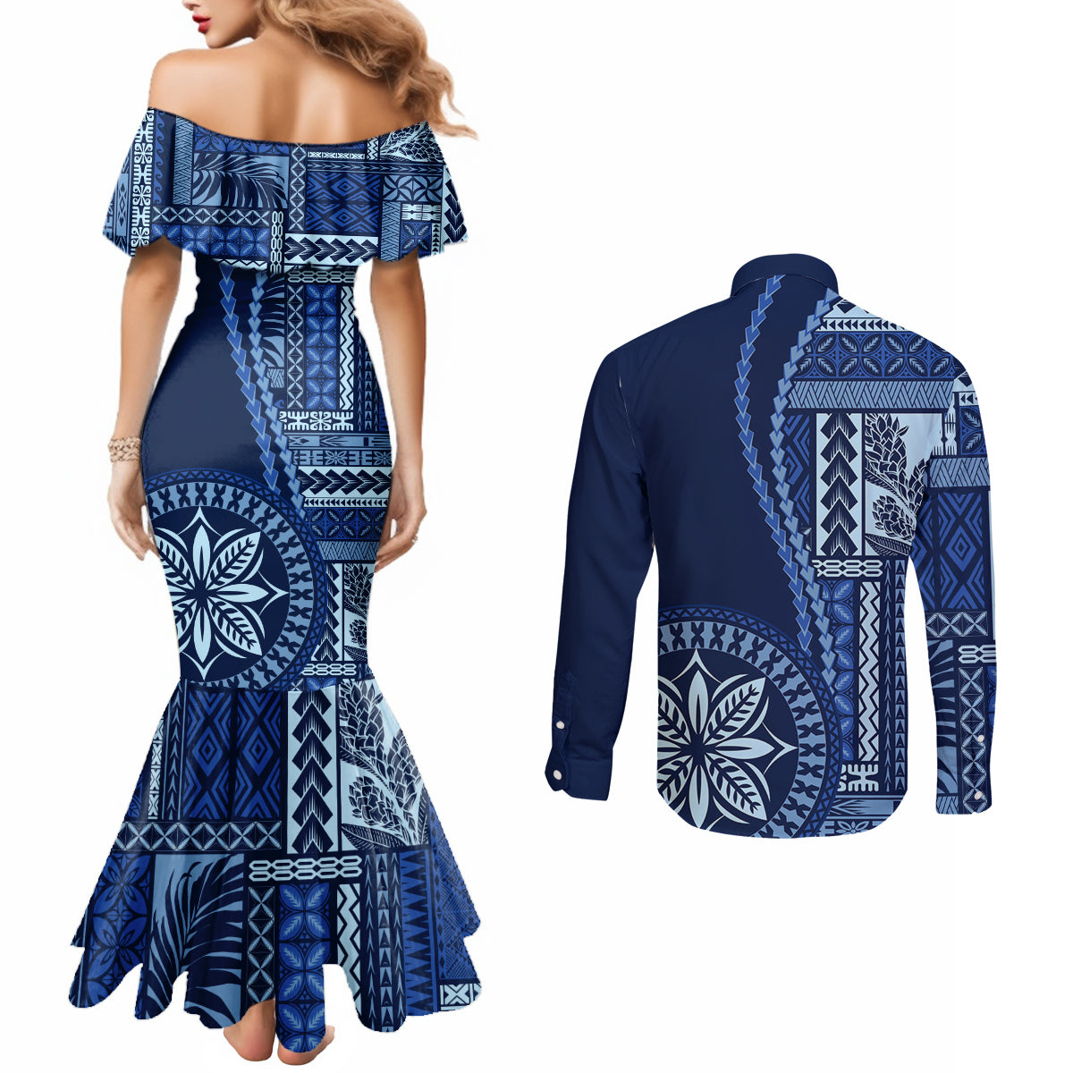 samoa-siapo-motif-couples-matching-mermaid-dress-and-long-sleeve-button-shirt-classic-style-bue-ver