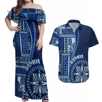 Samoa Siapo Motif Couples Matching Off Shoulder Maxi Dress and Hawaiian Shirt Classic Style - Bue Ver LT7 - Wonder Print Shop
