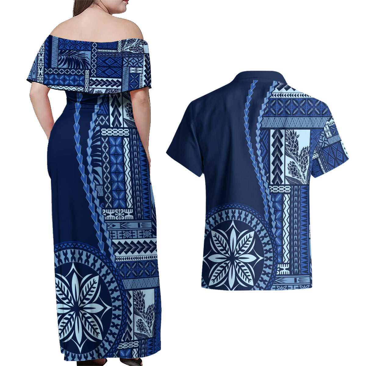 Samoa Siapo Motif Couples Matching Off Shoulder Maxi Dress and Hawaiian Shirt Classic Style - Bue Ver LT7 - Wonder Print Shop