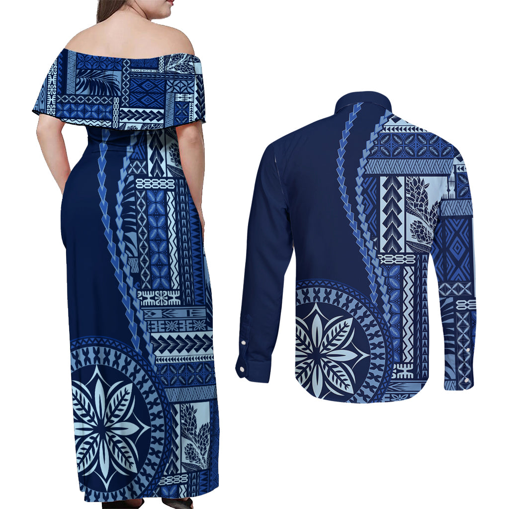 Samoa Siapo Motif Couples Matching Off Shoulder Maxi Dress and Long Sleeve Button Shirt Classic Style - Bue Ver LT7 - Wonder Print Shop