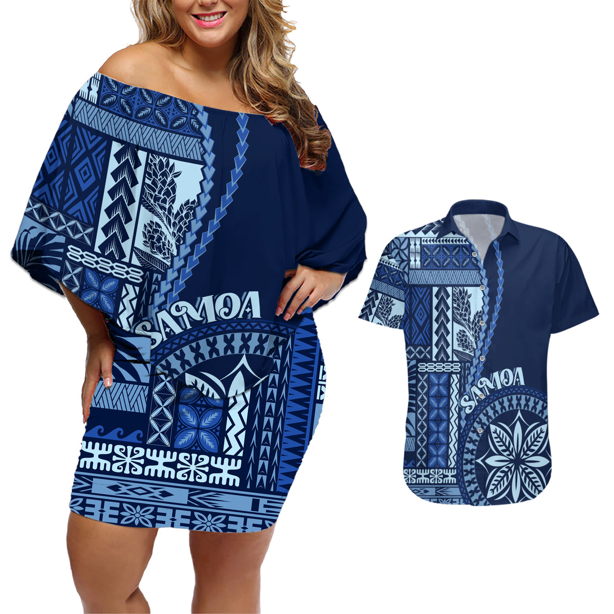 Samoa Siapo Motif Couples Matching Off Shoulder Short Dress and Hawaiian Shirt Classic Style - Bue Ver LT7 - Wonder Print Shop