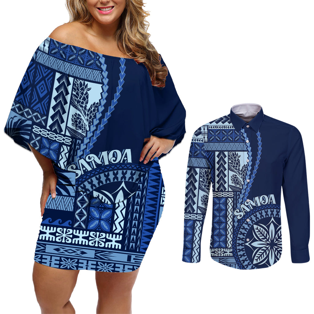 Samoa Siapo Motif Couples Matching Off Shoulder Short Dress and Long Sleeve Button Shirt Classic Style - Bue Ver LT7 - Wonder Print Shop