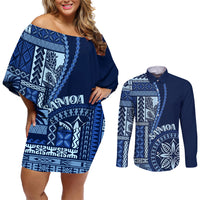 Samoa Siapo Motif Couples Matching Off Shoulder Short Dress and Long Sleeve Button Shirt Classic Style - Bue Ver LT7 - Wonder Print Shop