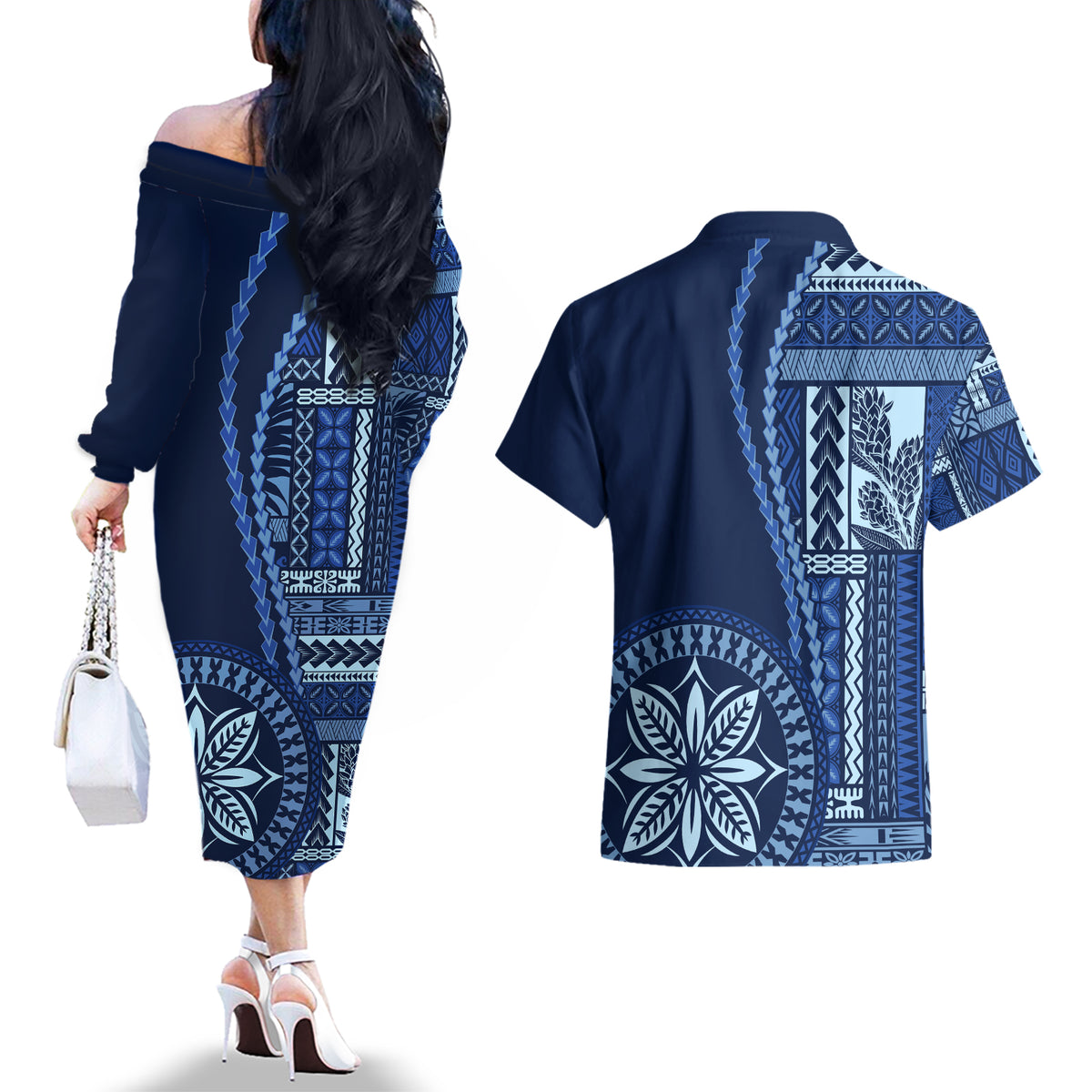 Samoa Siapo Motif Couples Matching Off The Shoulder Long Sleeve Dress and Hawaiian Shirt Classic Style - Bue Ver LT7 - Wonder Print Shop