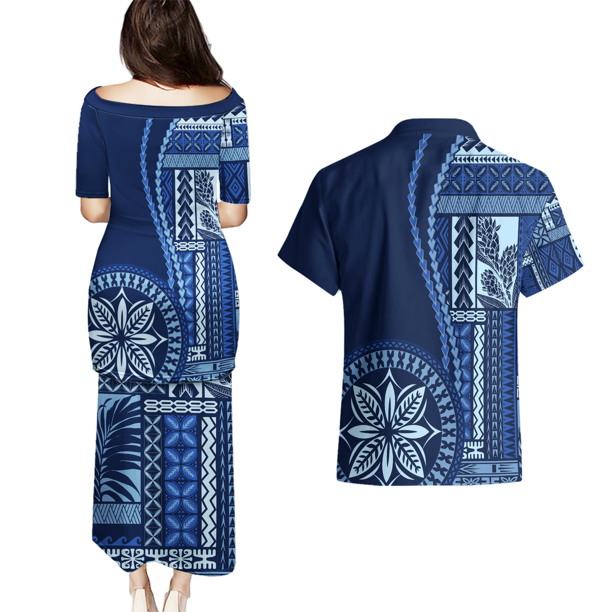 Samoa Siapo Motif Couples Matching Puletasi Dress and Hawaiian Shirt Classic Style - Bue Ver LT7 - Wonder Print Shop