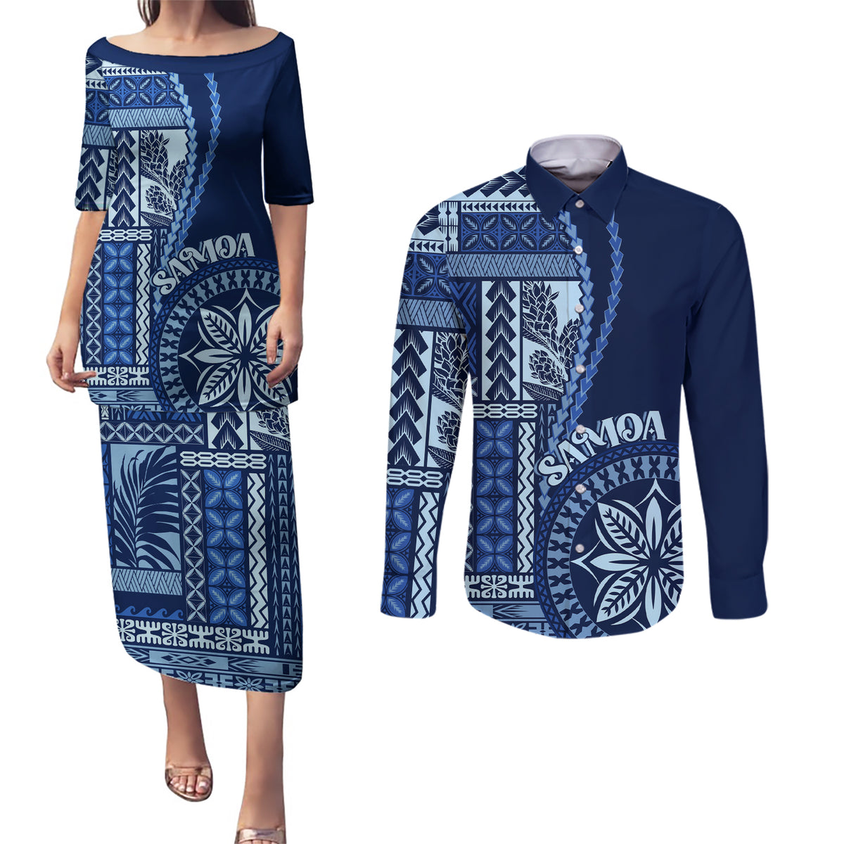 Samoa Siapo Motif Couples Matching Puletasi Dress and Long Sleeve Button Shirt Classic Style - Bue Ver LT7 - Wonder Print Shop