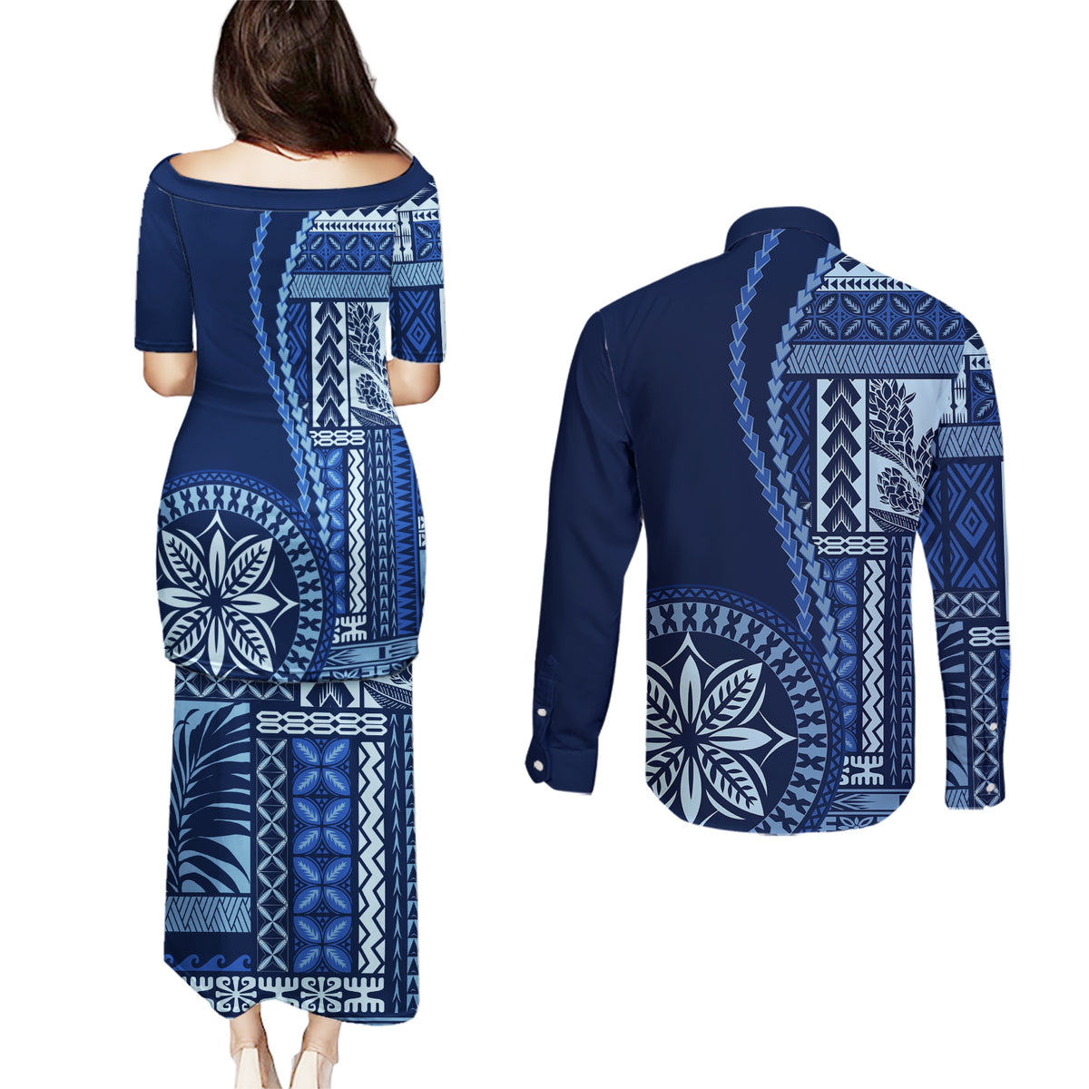 Samoa Siapo Motif Couples Matching Puletasi Dress and Long Sleeve Button Shirt Classic Style - Bue Ver LT7 - Wonder Print Shop