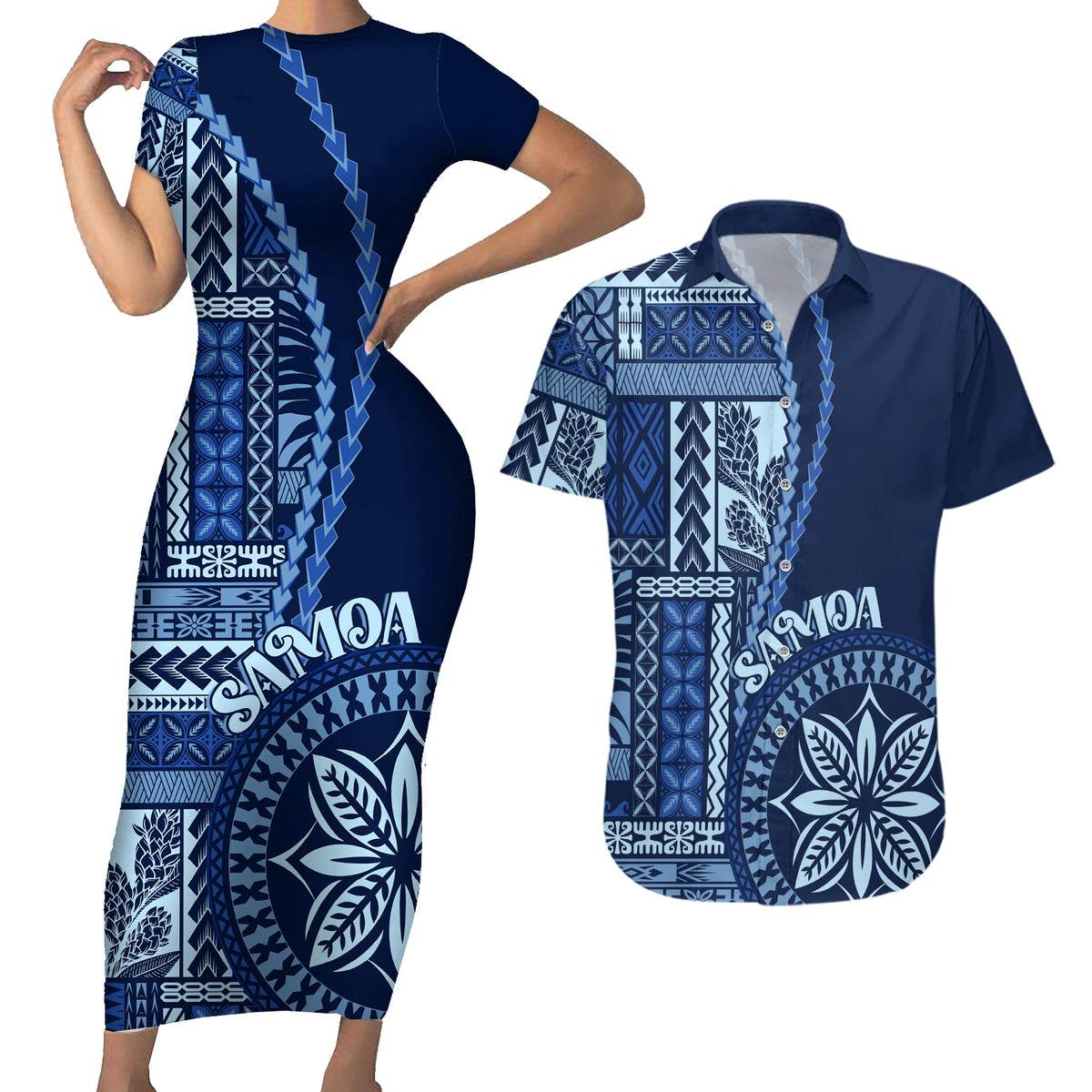Samoa Siapo Motif Couples Matching Short Sleeve Bodycon Dress and Hawaiian Shirt Classic Style - Bue Ver LT7 - Wonder Print Shop