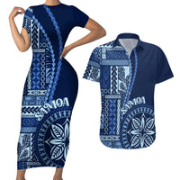 Samoa Siapo Motif Couples Matching Short Sleeve Bodycon Dress and Hawaiian Shirt Classic Style - Bue Ver LT7 - Wonder Print Shop