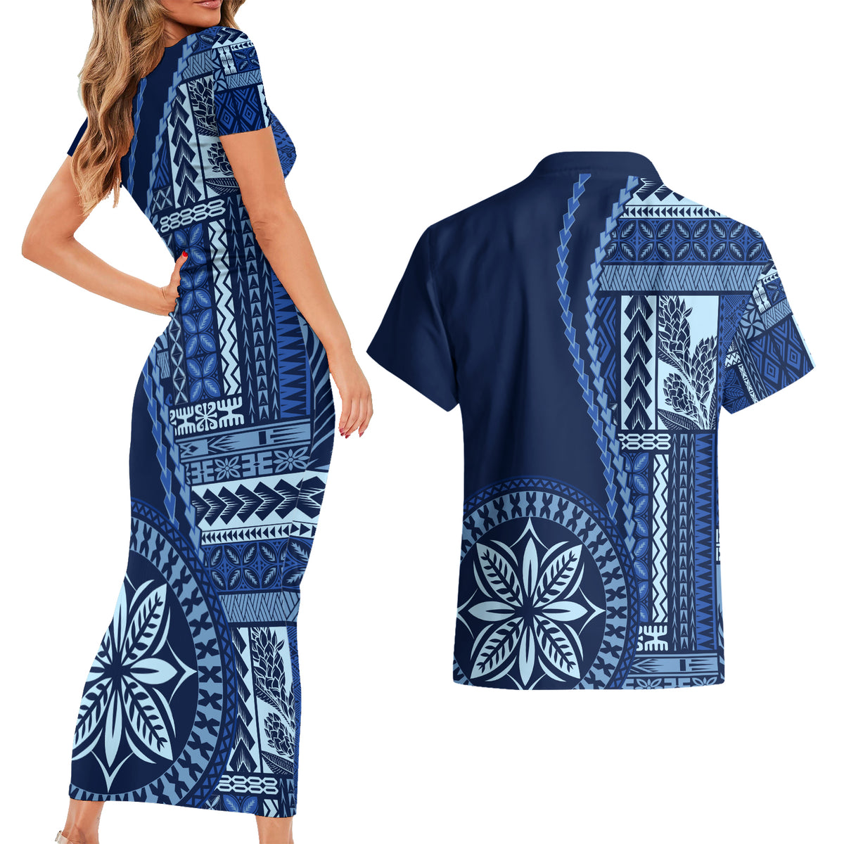 Samoa Siapo Motif Couples Matching Short Sleeve Bodycon Dress and Hawaiian Shirt Classic Style - Bue Ver LT7 - Wonder Print Shop