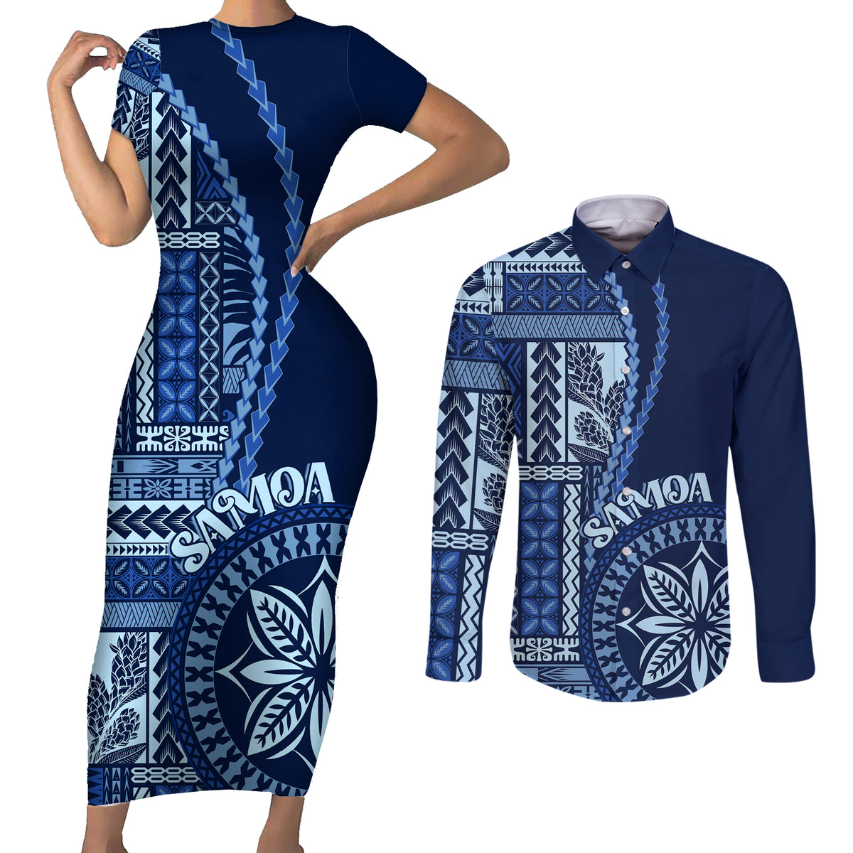Samoa Siapo Motif Couples Matching Short Sleeve Bodycon Dress and Long Sleeve Button Shirt Classic Style - Bue Ver LT7 - Wonder Print Shop