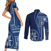 Samoa Siapo Motif Couples Matching Short Sleeve Bodycon Dress and Long Sleeve Button Shirt Classic Style - Bue Ver LT7 - Wonder Print Shop
