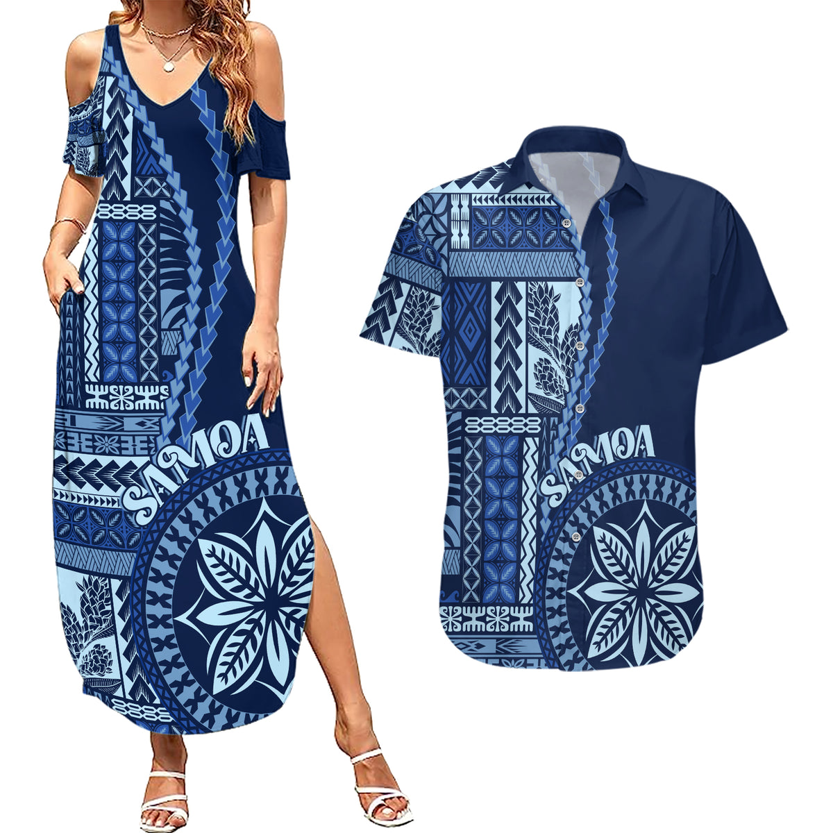 Samoa Siapo Motif Couples Matching Summer Maxi Dress and Hawaiian Shirt Classic Style - Bue Ver LT7 - Wonder Print Shop