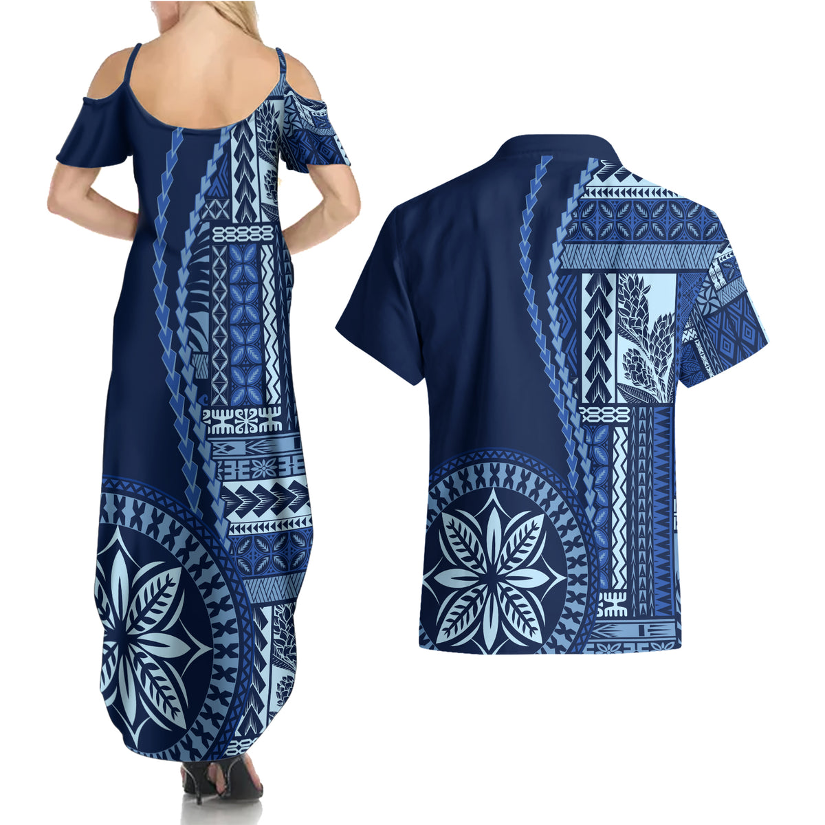 Samoa Siapo Motif Couples Matching Summer Maxi Dress and Hawaiian Shirt Classic Style - Bue Ver LT7 - Wonder Print Shop