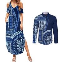Samoa Siapo Motif Couples Matching Summer Maxi Dress and Long Sleeve Button Shirt Classic Style - Bue Ver LT7 - Wonder Print Shop