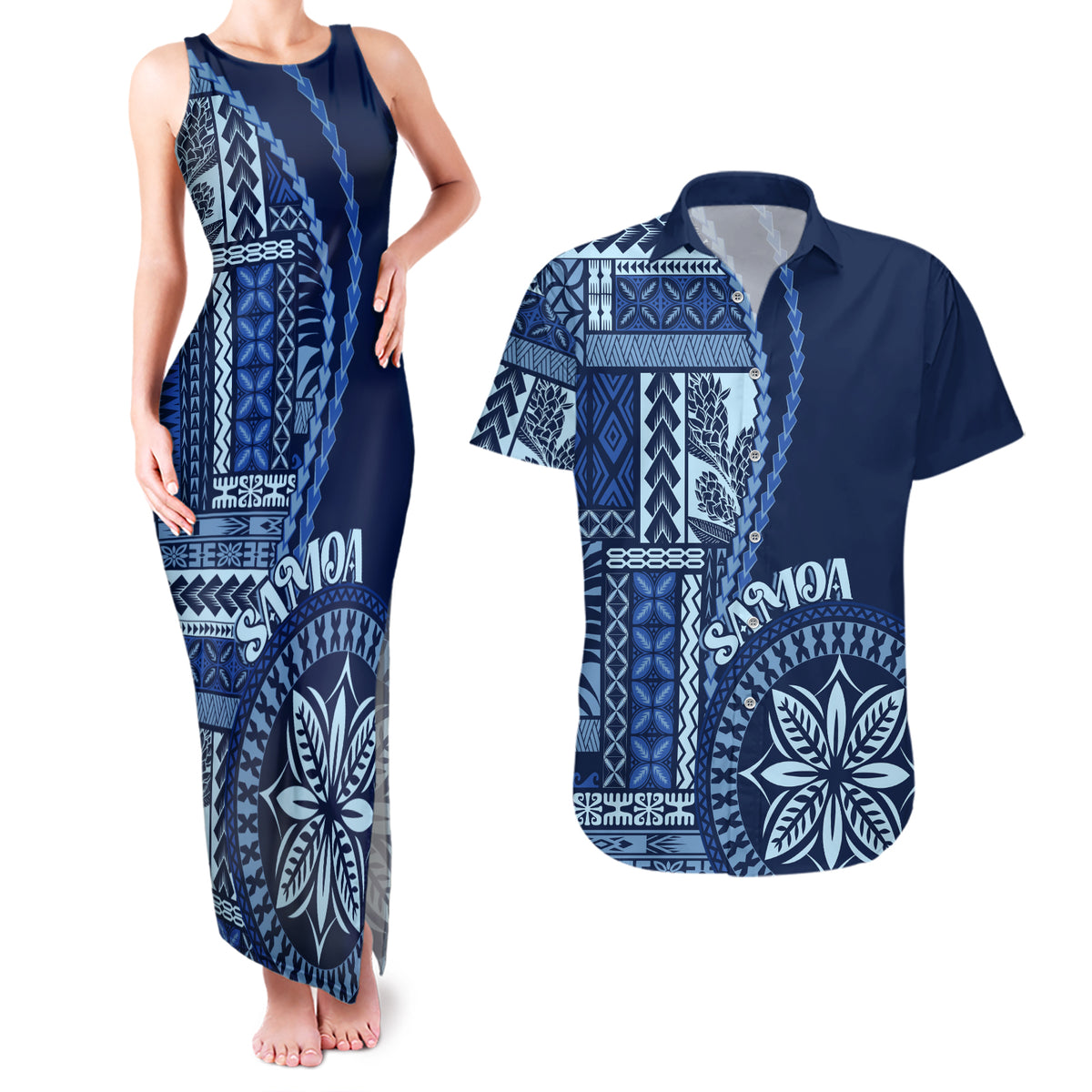 Samoa Siapo Motif Couples Matching Tank Maxi Dress and Hawaiian Shirt Classic Style - Bue Ver LT7 - Wonder Print Shop