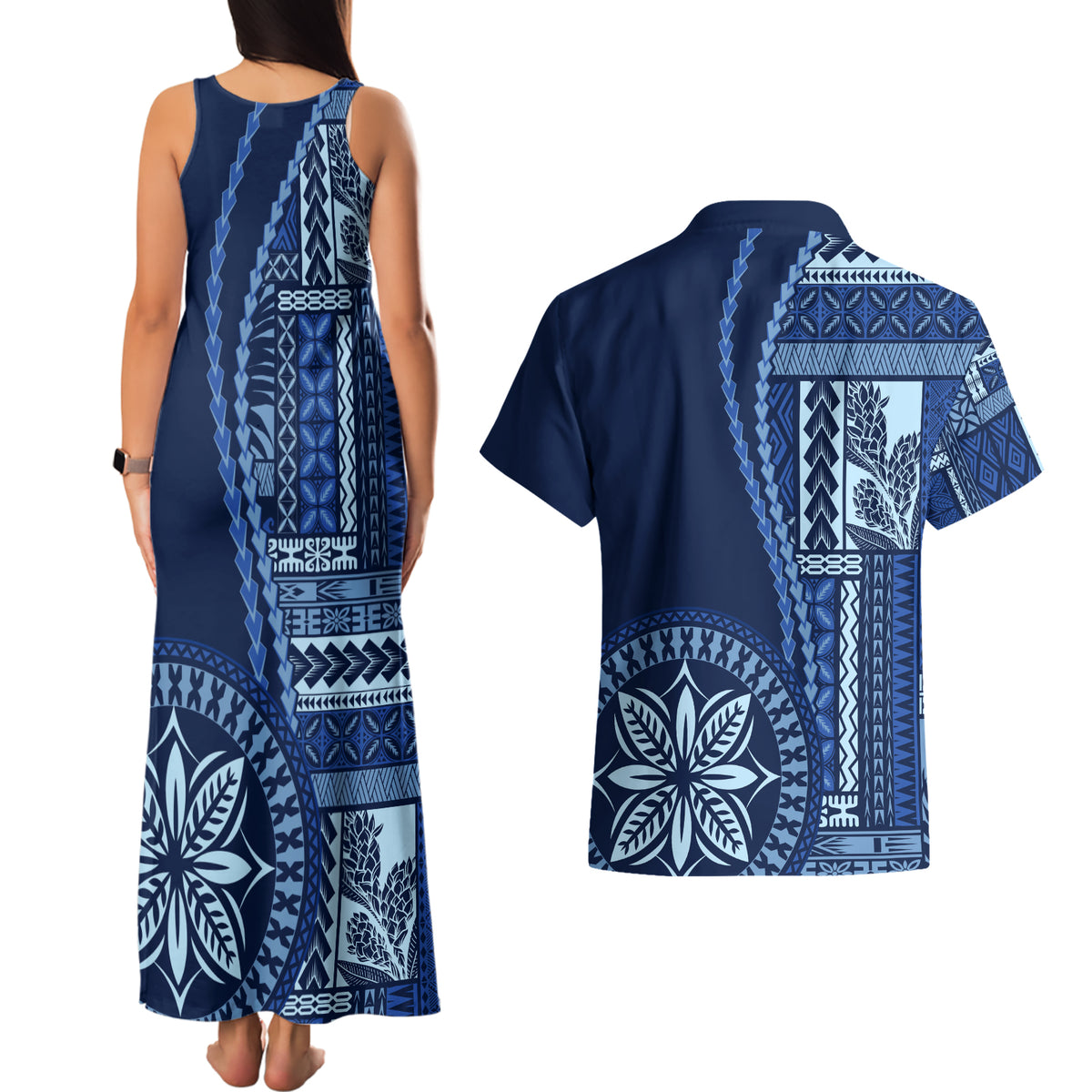Samoa Siapo Motif Couples Matching Tank Maxi Dress and Hawaiian Shirt Classic Style - Bue Ver LT7 - Wonder Print Shop