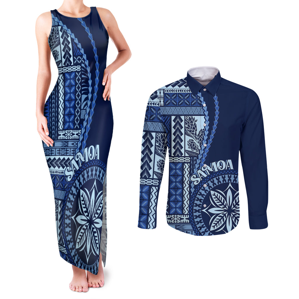 Samoa Siapo Motif Couples Matching Tank Maxi Dress and Long Sleeve Button Shirt Classic Style - Bue Ver LT7 - Wonder Print Shop