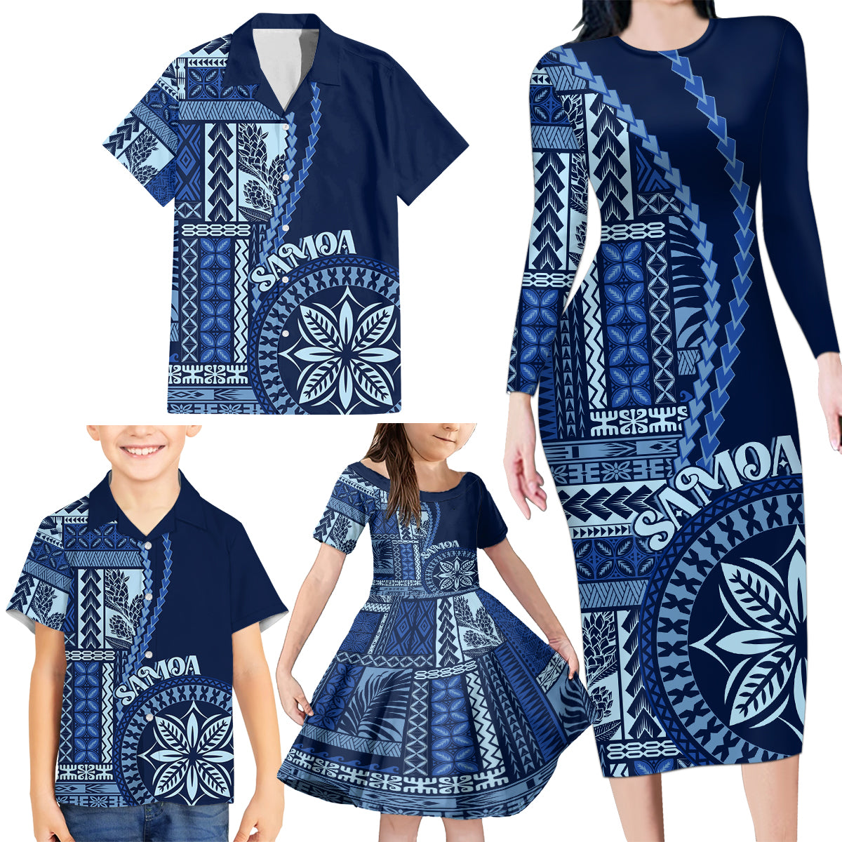 Samoa Siapo Motif Family Matching Long Sleeve Bodycon Dress and Hawaiian Shirt Classic Style - Bue Ver LT7 - Wonder Print Shop