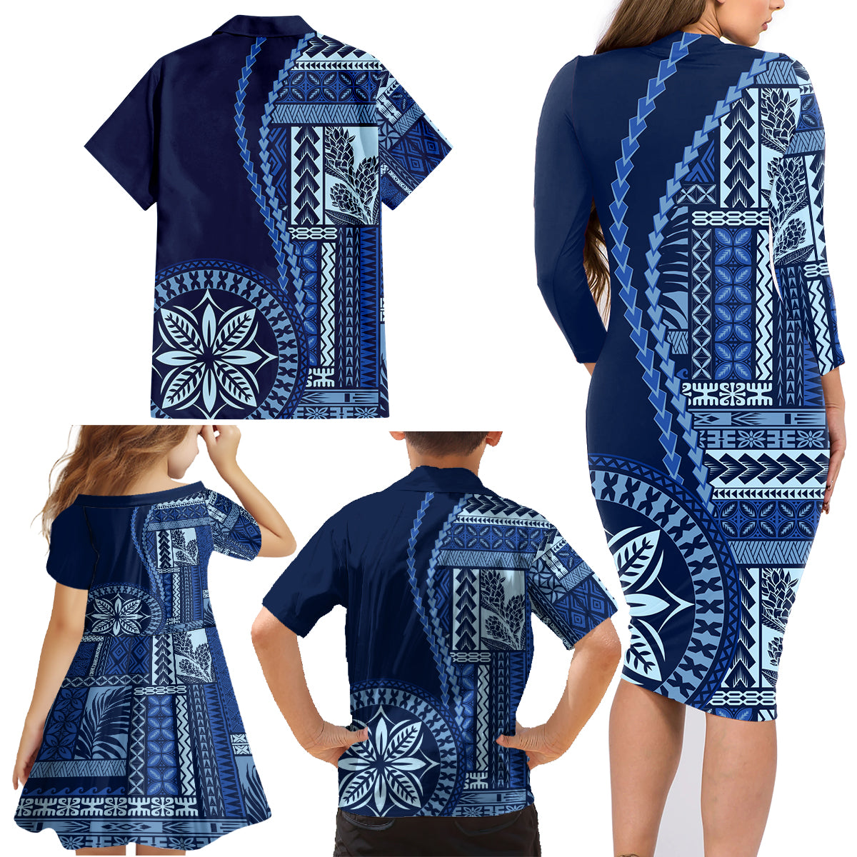 Samoa Siapo Motif Family Matching Long Sleeve Bodycon Dress and Hawaiian Shirt Classic Style - Bue Ver LT7 - Wonder Print Shop