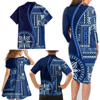 Samoa Siapo Motif Family Matching Long Sleeve Bodycon Dress and Hawaiian Shirt Classic Style - Bue Ver LT7 - Wonder Print Shop