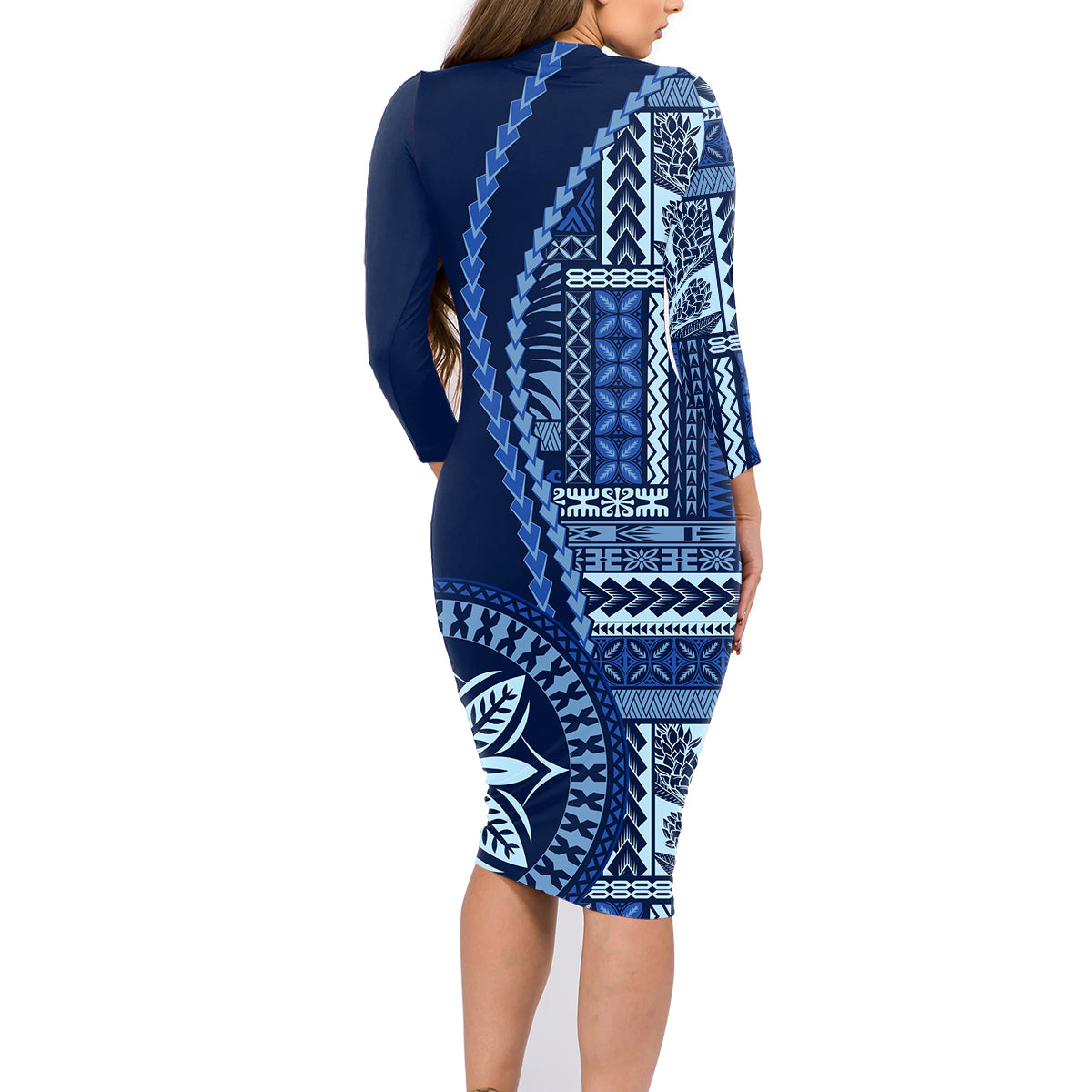 Samoa Siapo Motif Family Matching Long Sleeve Bodycon Dress and Hawaiian Shirt Classic Style - Bue Ver LT7 - Wonder Print Shop