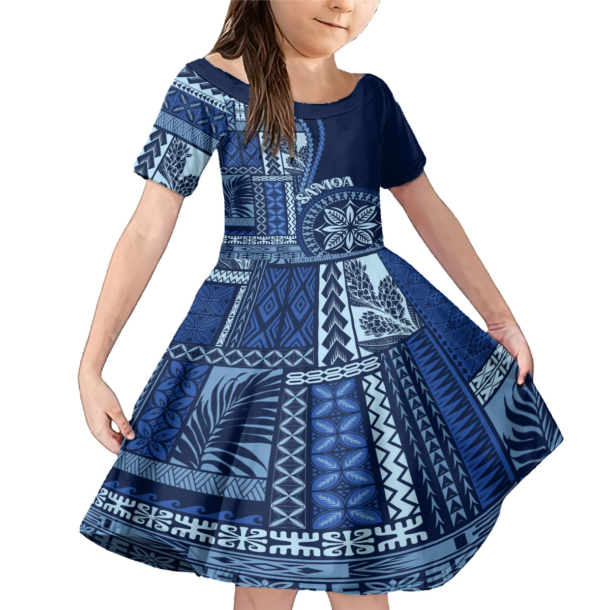 Samoa Siapo Motif Family Matching Mermaid Dress and Hawaiian Shirt Classic Style - Bue Ver LT7 - Wonder Print Shop
