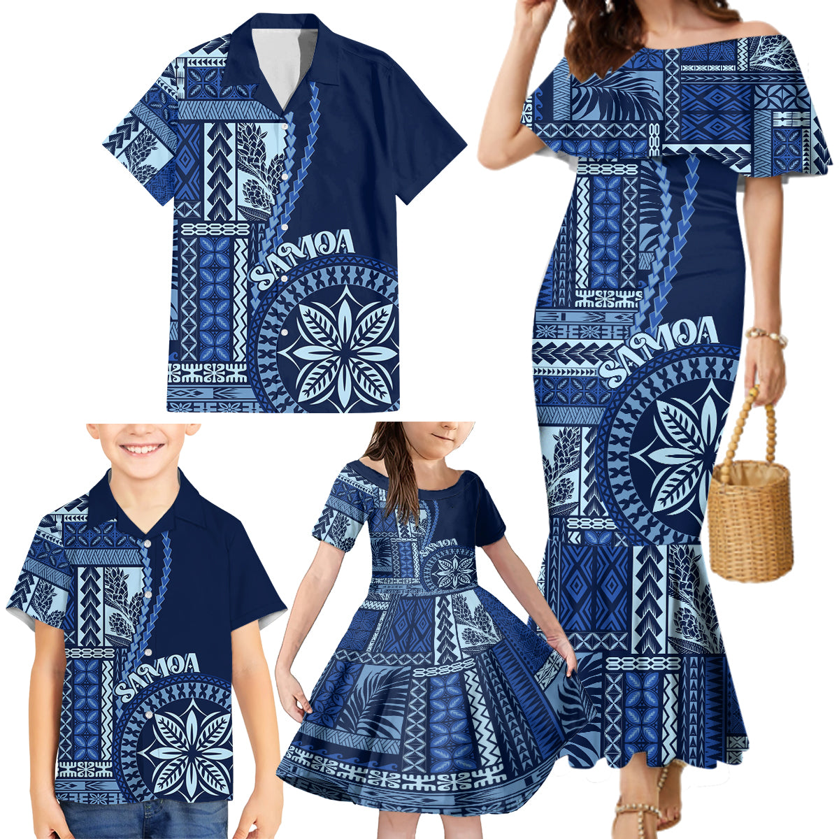 Samoa Siapo Motif Family Matching Mermaid Dress and Hawaiian Shirt Classic Style - Bue Ver LT7 - Wonder Print Shop