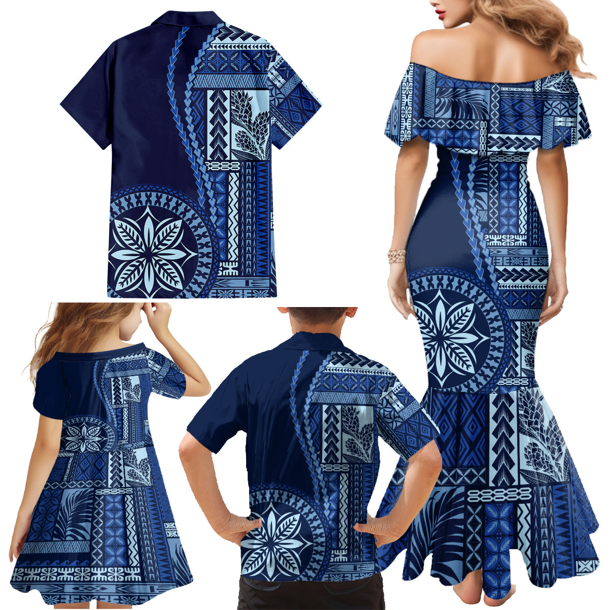 Samoa Siapo Motif Family Matching Mermaid Dress and Hawaiian Shirt Classic Style - Bue Ver LT7 - Wonder Print Shop